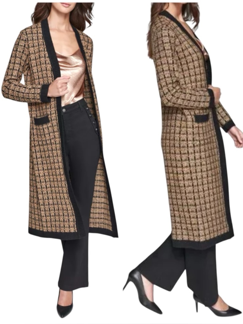 Karl Lagerfeld Paris Tweed Duster Cardigan Open Front with Pockets Size Medium